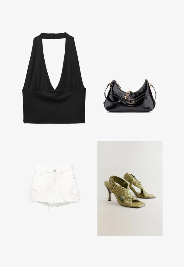 Sort ærmeløs crop top med en dyb V-hals, samlet stofdetalje og glat tekstur. Enkel design uden dekorationer.; Hvide denimshorts med et slidt look, frynset kant og fem lomme-design. Omfatter metalknap og nitte-detaljer.; Grønne, vævede hæle-sandaler med justerbar spænde, firkantet åben tå og en glat sål. Har slank, høj hæl og teksturerede stropper.; Sorte patenteret lædertaske med et buet design, guldhardware-detaljer og en fremtrædende logo. Inkluderer en aftagelig skulderrem.