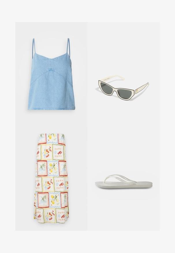 Hellblaues Denim-Camisole-Oberteil mit dünnen Trägern, V-Ausschnitt und geometrischen Nahtdetails. Weicher Stoff und leicht lockere Passform.; Maxirock aus leichtem Stoff mit einem bunten Mehrfachmuster, das Früchte und Küstenszenen in Pastellfarben und strukturierten Akzenten zeigt.; Weiße Flip-Flops mit einer strukturierten Sohle, dünnen Riemen und einem flachen Design. Hergestellt aus Gummi mit einem dezenten Logo auf der Fußsohle.; Cat-Eye-Sonnenbrillen mit cremefarbenem Rahmen, dunkelgrauen Gläsern und schwarzem Besatz. Merkmale detailiertes goldenes Logo an den Bügeln. Matter Textur.; Gelbe Lederhandtasche mit glatter Textur, ausgestattet mit silbernem Beschlägen, einem verstellbaren Trageriemen und einem Logo-Detail auf der Vorderseite.