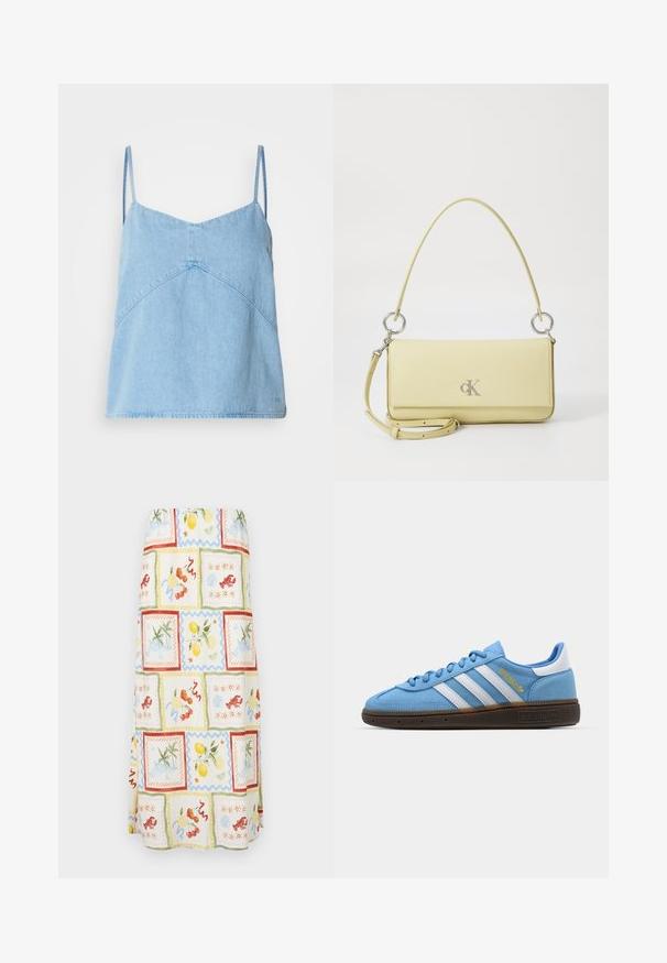 Light blue denim camisole top with thin straps, v-neckline, and geometric seam detailing. Soft texture and slightly relaxed fit.; Maxi skirt featuring a lightweight fabric with a bright multi-pattern, including fruits and coastal scenes in pastel colors and textured accents.; Light blue suede sneakers with white leather stripes, a brown textured sole, and gold logo detail. Low-top design with rounded toe.; Yellow leather handbag with a smooth texture, featuring silver hardware, an adjustable strap, and a logo accent on the front.