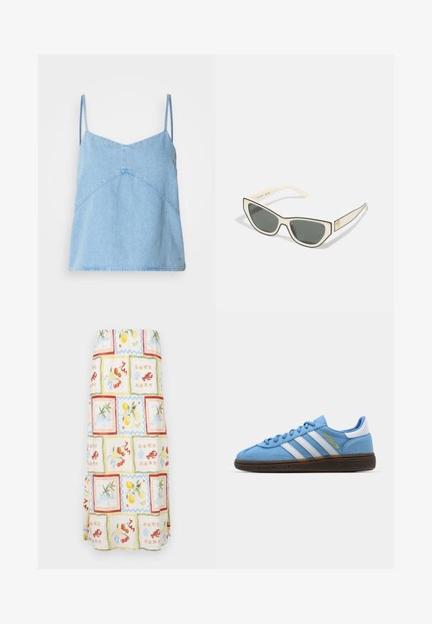 Hellblaues Denim-Camisole-Oberteil mit dünnen Trägern, V-Ausschnitt und geometrischen Nahtdetails. Weicher Stoff und leicht lockere Passform.; Maxirock aus leichtem Stoff mit einem bunten Mehrfachmuster, das Früchte und Küstenszenen in Pastellfarben und strukturierten Akzenten zeigt.; Helles blaues Wildleder-Sneaker mit weißen Lederstreifen, einer braunen strukturierten Sohle und goldenen Logodetails. Niedrig geschnittenes Design mit runder Zehenpartie.; Cat-Eye-Sonnenbrillen mit cremefarbenem Rahmen, dunkelgrauen Gläsern und schwarzem Besatz. Merkmale detailiertes goldenes Logo an den Bügeln. Matter Textur.; Gelbe Lederhandtasche mit glatter Textur, ausgestattet mit silbernem Beschlägen, einem verstellbaren Trageriemen und einem Logo-Detail auf der Vorderseite.