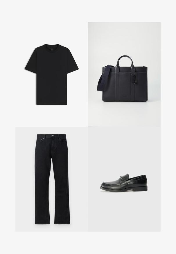 Zwarte korte mouwen T-shirt van een gladde katoenmix, met een ronde halslijn en een minimalistisch ontwerp zonder patronen of accenten.; Zwarte denim jeans met een rechte pijpdesign, voorzien van een knoopsluiting, vijf zakkenstijl en subtiele stikseldetails.; Zwarte leren loafers met een ronde neus, met een gestikte ontwerp, een kleine voorkantriem met hardware details, en een platte rubberen zool.; Donkerblauwe leren aktetas met dubbele bovenhandgrepen en een afneembare schouderband. Kenmerkt zich door een gestructureerde afwerking, verticale stiksels en een logo-detail.