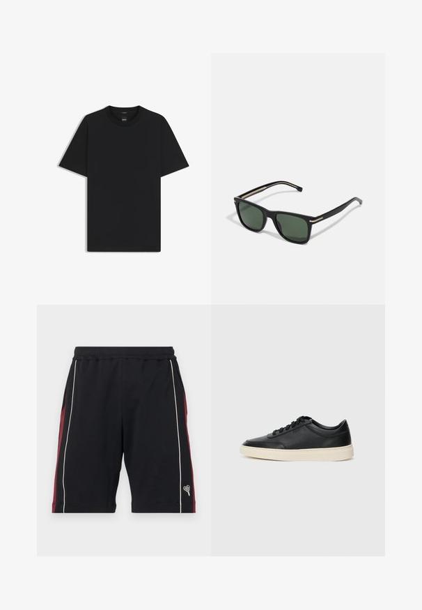 Camiseta negra de manga corta fabricada con una suave mezcla de algodón, que presenta un cuello redondo y un diseño minimalista sin patrones ni acentos.; Pantalones cortos negros de tela suave, con paneles laterales en color burdeos, ribetes blancos y un pequeño logo de corazón en el dobladillo. Cintura elástica para mayor comodidad.; Zapatilla negra de piel de caña baja con cordones negros y suela color crema, mostrada en perfil lateral sobre fondo blanco.; BOSS Gafas de sol - black