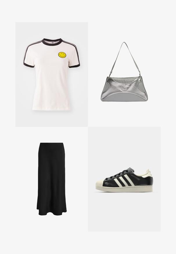 Hvit bomulls t-skjorte med svart ribbet krage, korte ermer, svarte striper og et gult smilefjes brodert på brystet.; Svart skjørt laget av glatt stoff; har en fitted midje og en utsvingt kant, som skaper en strømlinjeformet, rett silhuett uten synlige lukkinger.; Svarte skinnsneakers med hvite striper, gummitopp, svarte lisser og en kremfarget såle. Glatt tekstur med blank finish.; Sølvmetallisk håndveske med et strømlinjeformet, strukturert design, som har en teksturert overflate, en skulderrem og et preget logoakcent.