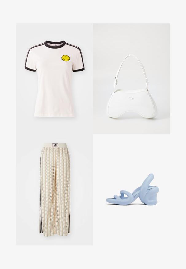 White cotton t-shirt with a black ribbed collar, short sleeves, black stripe accents, and a yellow smiley face embroidered on the chest.; Cream-colored wide-leg pants with a zigzag pattern, featuring a black logo waistband and side black stripes. Lightweight, textured fabric.; Light blue heeled sandals, made of smooth rubber, featuring a sculptural design with wavy straps and a chunky heel.; White handbag with a smooth, glossy surface, curved shape, and a single adjustable strap. Features a logo embossed on the front.
