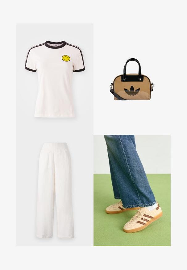 T-shirt en coton blanc avec un col en rib noir, des manches courtes, des accents de bande noire et un visage souriant jaune brodé sur la poitrine.; Pantalons larges blancs en tissu texturé et froissé. Dotés d'une taille élastique et de poches latérales pour plus de commodité.; Baskets beiges avec des panneaux crémeux texturés et des rayures brunes, accompagnées d'un jean en denim bleu. Le jean a une coupe large et un ourlet effiloché.; Sac à main beige avec des accents en cuir verni noir, de forme arrondie, double anses, et un logo noir en relief à l'avant.