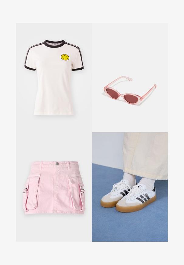 White cotton t-shirt with a black ribbed collar, short sleeves, black stripe accents, and a yellow smiley face embroidered on the chest.; Pink denim skirt with two side pockets, silver snap button closure, and a structured design. Smooth texture with visible stitching details.; White sneakers with black stripes and beige suede accents. Feature a textured gum sole and flat white laces, worn with light-colored socks.; Pink transparent sunglasses with oval lenses, dark red tint, and slender arms, featuring a smooth finish and subtle detailing on the frame.