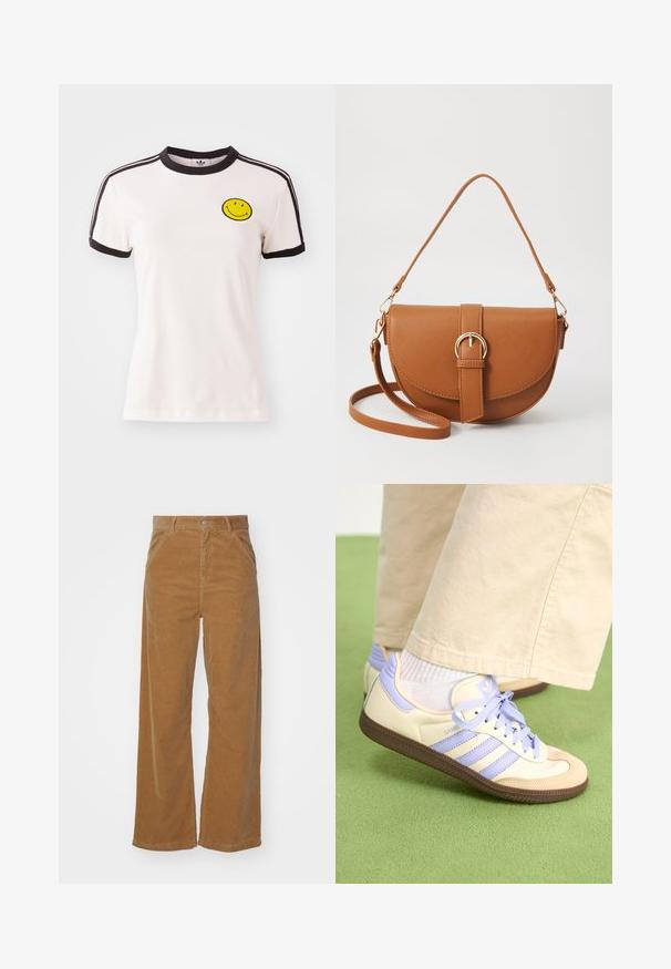 Bílý bavlněný tričko s černým žebrovaným límcem, krátkými rukávy, černými pruhovanými akcenty a žlutým vyšitým úsměvem na hrudi.; Hnědé kordové kalhoty širokého střihu s jemnou ribbenou texturou, vybavené předním knoflíkovým zapínáním a kapsami po stranách.; Krémové a levandulové tenisky se třemi pruhy a texturovanou hnědou podrážkou, vybavené tkaničkami a polstrovanou patou. Měkký textilní svršek.; Hnědá kožená křížová taška s zakřiveným tvarem, zlatými detaily a akcentem s přezkou. Obsahuje odnímatelný popruh na rameno.