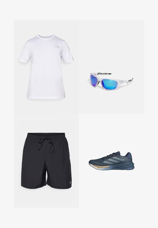 T-shirt en coton blanc à manches courtes et col rond. Présente un petit logo gris sur la poitrine gauche. Texture lisse, coupe standard.; Shorts noirs à taille élastique avec un cordon de serrage réglable et un petit logo réfléchissant sur la jambe gauche.; adidas Performance SUPERNOVA STRIDE 2 - Chaussures de running sur route - preloved ink cloud white dark blue; Lunettes de sport avec monture claire, verres miroités bleus et violets, design angulaire et accents noirs sur les branches.