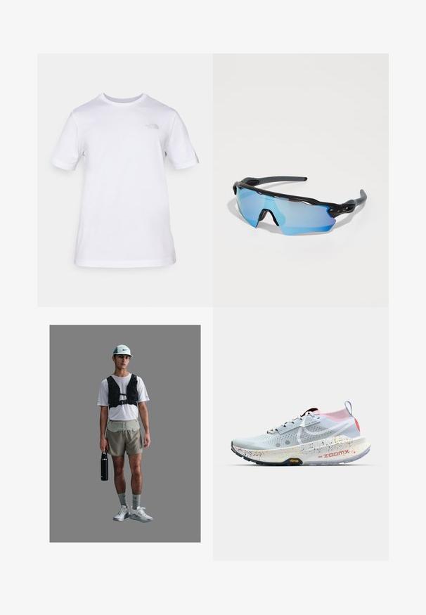 Valkoinen puuvillapaidan lyhyet hihat ja pyöreä kaula-aukko. Vasemmassa rinnassa on pieni harmaa logo. Suloinen rakenne, normaali istuvuus.; Urheilija valkoisessa verkkopaidassa, mustassa valjaassa, vaaleissa shortseissa, harmaissa sukissa ja valkoisissa kengissä, pitää mustaa vesipulloa.; Nike ZoomX juoksukengät vaaleansinisinä, joissa on vaaleanpunainen ja punainen kanta. Ominaisuudet: rei'itetty päällinen, pilkkukuumennettu välikerros ja musta Vibram-pohja.; Urheilulasit mustalla kehyksellä, suurilla sinisillä linsseillä ja tukevalla rakenteella. Ne tarjoavat parannettua ympäröivää suojaa.