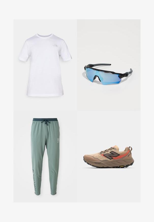 White cotton t-shirt with short sleeves and a crew neck. Features a small gray logo on the left chest. Smooth texture, standard fit.; Light green running pants with elastic waistband, drawstring, tapered legs, side pockets, and print detail on the left leg.; Beige running shoe with mesh upper, black and red accents, and Vibram sole. Features padded collar and textured surface for grip.; Sport sunglasses with a black frame, large blue-tinted lenses, and a sturdy design. They feature enhanced wraparound coverage.