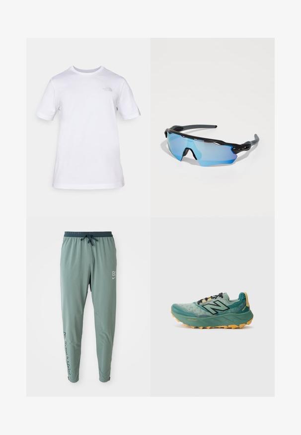 T-shirt en coton blanc à manches courtes et col rond. Présente un petit logo gris sur la poitrine gauche. Texture lisse, coupe standard.; Pantalons de course vert clair avec taille élastique, cordon de serrage, jambes fuselées, poches latérales et impression sur la jambe gauche.; Chaussure de trail running verte avec une tige en mesh, des lacets noirs et une semelle extérieure jaune épaisse. Présente les marques "Fresh Foam" et "Vibram".; Lunettes de sport avec une monture noire, de grandes lentilles teintées en bleu et un design robuste. Elles offrent une protection enveloppante améliorée.