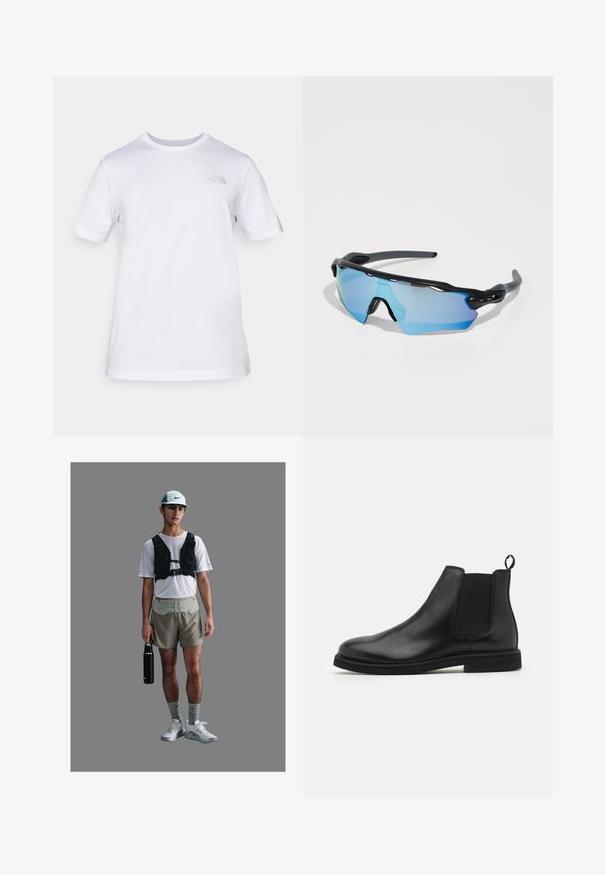 Vit bomulls t-shirt med korta ärmar och rund halsringning. Har en liten grå logo på vänster bröst. Slät textur, normal passform.; Idrottare i en vit nättröja, svart seleväst, beige shorts, grå strumpor och vita skor, hållande en svart vattenflaska.; Svarta läder Chelsea-boots med elastiska sidopaneler och en dragflik. Rund tå och platt gummisula, som visar en slät yta.; Sportsolglasögon med svart ram, stora linsar med blå toning och en robust konstruktion. De har förbättrad wraparound-täckning.