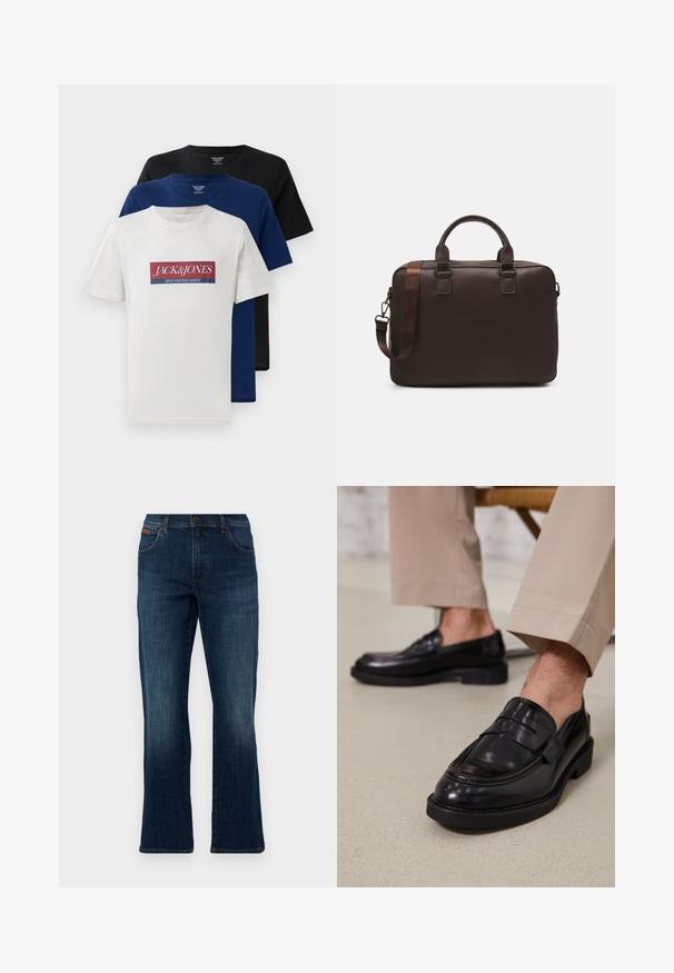 Trys trumpas rankovėmis apvalios kaklo marškiniai, sudėti vienas ant kito: balti su raudonu ir mėlynu logotipu, tamsiai mėlyni ir juodi, rodomi ant baltos fono.; Tamsiai mėlynos džinsinės platėjančios kelnės su penkių kišenių dizainu, priekyje užsegamos mygtuku ir subtilia blukimo detale iš šlaunų, suteikiančia tekstūros variaciją.; Juodi odiniai loaferiai su lygia apdaila, su dekoratyvine juosta ir kontrastinėmis siūlėmis, derinami su bežinėmis kelnėmis.; Ruda odinė nešiojamojo kompiuterio rankinė su tekstūruota paviršiumi, dviem viršutiniais rankenomis, reguliuojama juosta ir dviem priekiniais sagtimis papildomam akcentui.