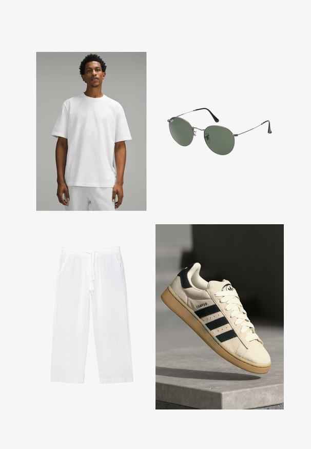 Fehér pamut póló rövid ujjakkal, kerek nyakkal, laza szabással. Simára kidolgozott anyag, egyszerű dizájn, látható minták vagy díszítések nélkül.; Fehér vászon cropped nadrág, elasztikus derékkal, zsinórral és két oldalsó zsebbel. Simább textúra és könnyű dizájn a kényelem érdekében.; Bézs velúr sportcipő három sötétkék csíkkal, fehér fűzőkkel és világosbarna gumi talppal. A nyelvén logó található, valamint a "CAMPUS" felirat.; Fémkeretes napszemüveg ovális zöld lencsékkel. Vékony ezüst színű fémkeret és fekete fülrész. Minimalista dizájn, látható logók nélkül.