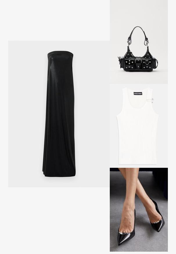 Fehér bordázott ujjatlan felsőrész körkivágással és fém részleteléssel a vállon. Puha tapintású, testhezálló fazonú.; Fekete, pánt nélküli maxi ruha sima, fényes anyagból. Feszes felsőrésze és lebegő sziluettje van, a földig ér, díszítések nélkül.; Fekete bőrből készült magassarkú cipők, hegyes orral és nyitott kialakítással, dísz ezüst kiegészítővel. Simává polírozott textúrával.; Fekete bőr kézitáska ívelt designnal, ezüst szegecsekkel, csattal és két oldalsó zsebbel. Állítható vállpánt a hordozási lehetőségekhez.