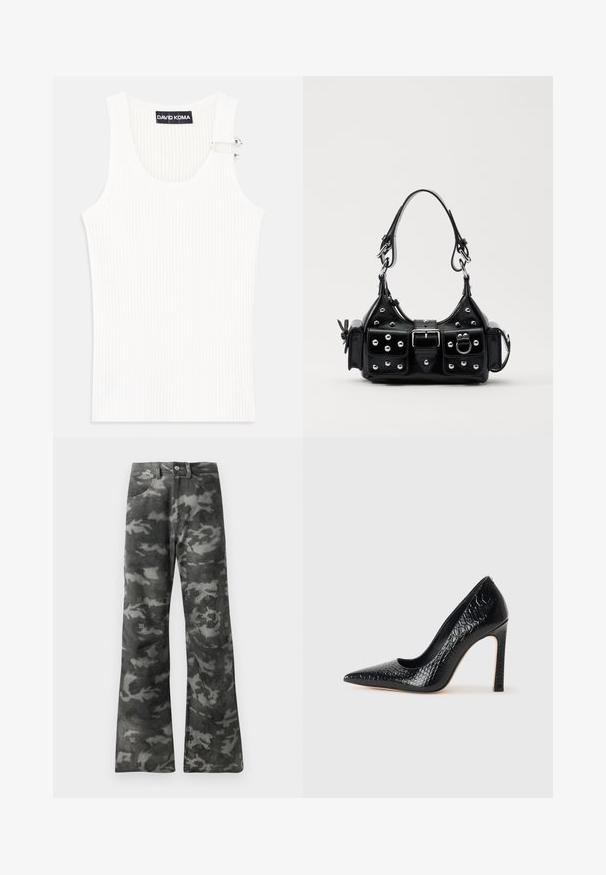 Fehér bordázott ujjatlan felsőrész körkivágással és fém részleteléssel a vállon. Puha tapintású, testhezálló fazonú.; Sötétszürke és fekete álcázó mintájú egyenes szárú farmer, gombos és cipzáras záródással, elülső zsebekkel.; Fekete hegyes orrú magassarkú cipő krokodilbőr textúrával, letisztult dizájnnal, magas tűsarkú és sima fekete belső résszel.; Fekete bőr kézitáska ívelt designnal, ezüst szegecsekkel, csattal és két oldalsó zsebbel. Állítható vállpánt a hordozási lehetőségekhez.