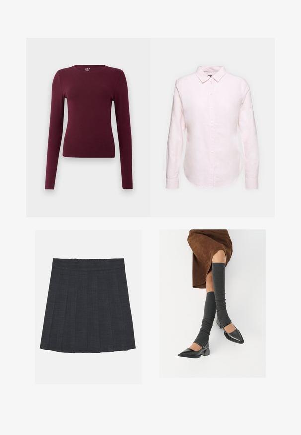 Długi rękaw, bordowa dopasowana koszulka z okrągłym dekoltem o prostym wzorze, bez widocznych wzorów lub logo, prezentowana na jednolitym białym tle.; Jasnoróżowa, długosleeve koszula z kołnierzykiem na guziki, posiadająca prosty dół i miękką teksturę, wykonana z lekkiej bawełnianej tkaniny.; Ciemnoszara spódnica plisowana z elastycznym pasem, wykonana z fakturowanej tkaniny, o klasycznym kroju A. Idealna do codziennych stylizacji.; Czarne lakierowane buty na szpilce z prostokątnym obcasem i paskiem na kostce, zestawione z szarymi prążkowanymi ocieplaczami na nogi oraz brązową zamszową spódnicą.