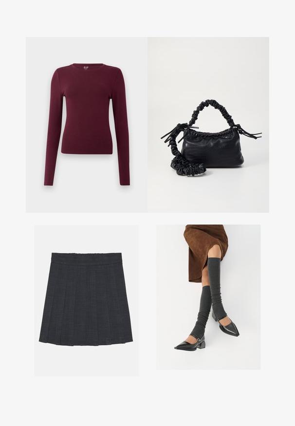 Langermet, burgunderfarget, tettsittende t-skjorte med rund hals, med enkel design uten synlige mønstre eller logoer, vist mot en enkel hvit bakgrunn.; Mørkegrå plissert skjørt med elastisk midje, med teksturert stoff og en klassisk A-linje silhuett. Passer for hverdagsbruk.; Sorte lakkpumps med spiss tå, blokkhel, og ankelstropp, kombinert med grå ribbestrikkede beinvarmere og et brunt semsket skinn skjørt.; Svart faux skinn-håndveske med krokodilletekstur, strammet topp og en rynket stropp. Ser myk og kompakt ut i designen.
