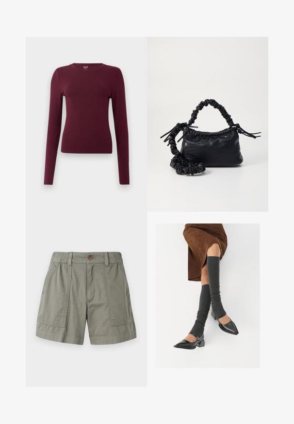 Pikad varrukad, burgundi värvi kehakujuline ümar kaelusega särk, millel on lihtne disain ja puuduvad nähtavad mustrid või logod, esitatud ühelainselt valgel taustal.; Kerged õlivärvi lühikesed püksid, mis on valmistatud puuvilla segakudumist, elastse vöökoht, ees pocketid ja üks nupuga sulgemine.; Mustad patsaline odav värviga kingad, millel on kreen ja pahkluuring, on paaritatud hallide ribakudumitega sääremiidega ja pruunist nahast seelikuga.; Must must sünteetilisest nahast käekott, millel on krokodillimuster, kokku tõmmatav ülaosa ja kortsus rihm. Tundub pehme ja kompaktne disain.