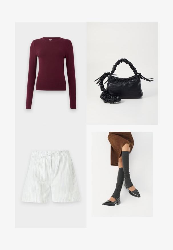 Camisa de cuello redondo ajustada de manga larga en burdeos con un diseño simple y sin patrones ni logotipos visibles, exhibida sobre un fondo blanco liso.; Pantalones cortos de hombre hechos de tela ligera, con rayas verticales en azul claro y blanco, con cinturilla elástica y cordón.; Zapatos de charol negros con punta afilada, tacón bloque y tira de tobillo, combinados con calentadores de piernas de canalé grises y una falda de ante marrón.; Bolso de mano de imitación cuero negro con textura de cocodrilo, parte superior fruncida y correa arrugada. Presenta un diseño suave y compacto.