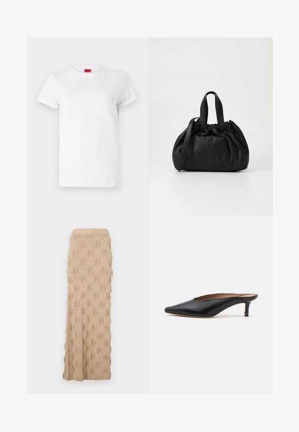 Witte T-shirt met korte mouwen, gemaakt van lichtgewicht katoen. Heeft een ronde hals en opgerolde mouwen. Rode merketiket op de kraag.; Beige gebreide maxi-rok met een tekstuurpatroon en rafelige accenten overal en een geribde tailleband. Soepel en flexibele stof.; Zwarte leren muiltjes met een puntige neus en een lage, blokhak. Glad oppervlak met een gestroomlijnd ontwerp. Open achterkant met minimale details.; Zwarte leren handtas met een geplooid ontwerp aan de bovenkant, voorzien van twee korte handvatten en een lange verstelbare schouderband. Gladde textuur, ronde vorm.
