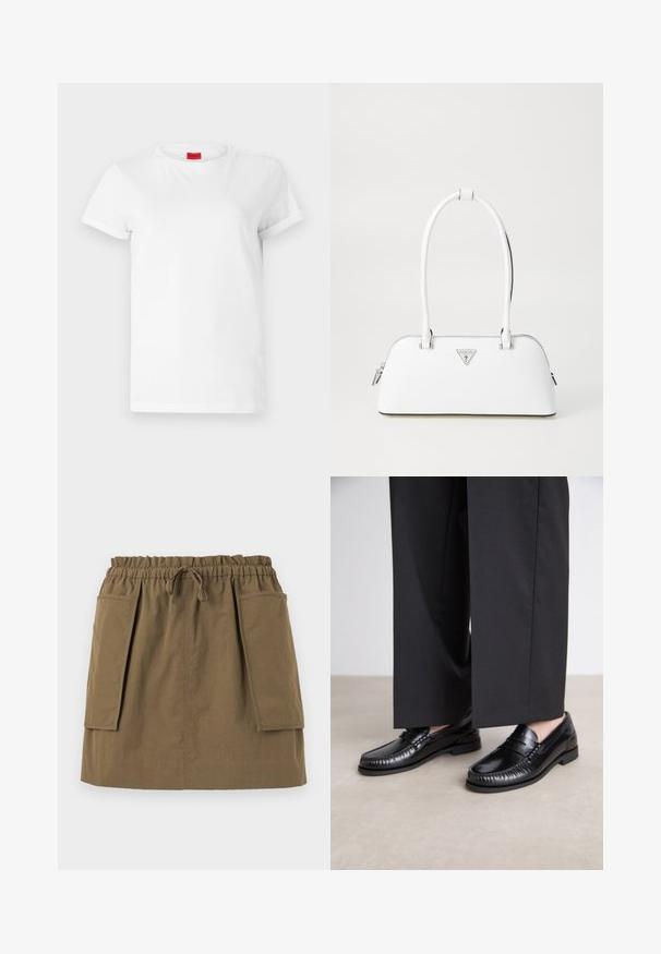 T-shirt branca de manga curta feita de algodão leve. Apresenta um decote redondo e mangas dobradas. Etiqueta de logotipo vermelha na gola.; Saia verde-oliva, até ao joelho, com um cós elástico, cordão ajustável e dois grandes bolsos laterais. Feita de um tecido leve com costuras visíveis.; Mocassins de couro preto com um acabamento liso, detalhes costurados à volta da ponta e uma sola de borracha baixa. Combinados com calças largas pretas.; Bolsa de pele branca com um formato curvado, apresentando um logótipo triangular em prata e fecho de correr. Textura suave e alças duplas.