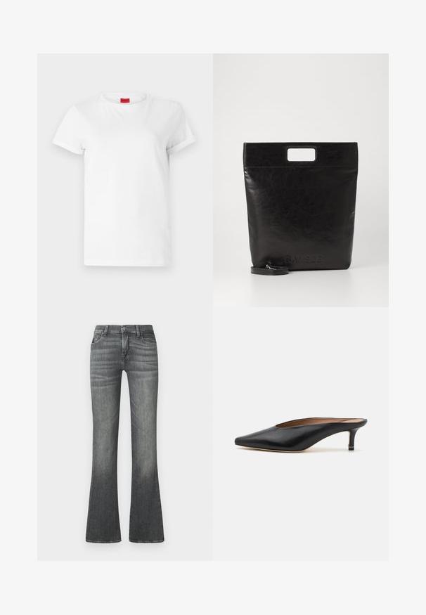 Weißes Kurzarm-T-Shirt aus leichtem Baumwollstoff. Hat einen runden Halsausschnitt und umgeschlagene Ärmel. Rotes Logo-Tag am Kragen.; Graue ausgestellte Jeans aus Denim mit einem mittelhohen Bund, subtiler Ausbleichung und klassischem Fünf-Taschen-Design.; Schwarze Leder-Mules mit spitzem Zehenbereich und niedrigem Blockabsatz. Glatte Textur mit elegantem Design. Offene Rückseite mit minimaler Gestaltung.; Schwarze Leder-Tote-Tasche mit einem quadratischen Griff, ausgestattet mit einer strukturierten Oberfläche und geprägtem Logo. Inklusive abnehmbarem Tragegurt.