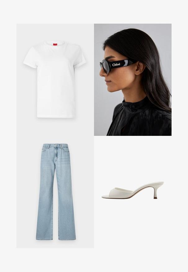Bela majica s kratkimi rokavi iz lahkega bombaža. Ima okroglo ovratnik in zavite rokave. Rdeča oznaka z logotipom na ovratniku.; Svijetloplave široke traperice s visokim strukom, s prednjim džepovima i suptilnim izblijedjelim dijelovima po tkanini.; Bele odprte visoke petke z gladko površino, minimalističnim oblikovanjem in vitko peto, ki ima subtilen rjav odtenek na podplatu.; Črne sončna očala z okroglimi lečami in drzno, kotasto okvirje, na katerem je na strani belo napisano blagovno znamko "Chloé". Gladek, sijajen zaključek.