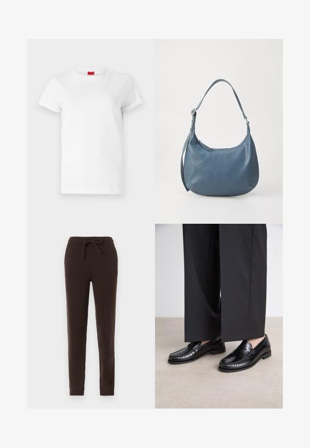Bílý tričko s krátkým rukávem vyrobené z lehké bavlny. Má kulatý výstřih a ohrnuté rukávy. Červená nášivka s logem na límci.; Hnědé tepláky vyrobené z měkké, strukturované tkaniny. Mají elastický pas s tkaničkou a žebrované manžety na kotnících.; Černé kožené loafers s hladkým povrchem, prošívané detaily kolem špičky a nízkou gumovou podrážkou. V kombinaci s širokými černými kalhotami.; Modrá kožená kabelka s oblámi tváři, jedním ramenním popruhem, zipovým uzavřením a embosovaným názvem značky na přední straně. Hladký povrch.