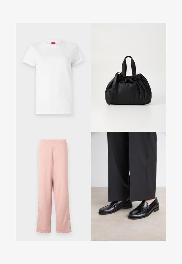 Hvid kortærmet t-shirt lavet af letvægts bomuld. Har en rund halsudskæring og rullede ærmer. Rød logoetiket på kraven.; Lyserøde vide bukser lavet af blødt stof, med et subtilt præget mønster og dekorative knapper langs sidesømmen.; Sorte læder loafers med en glat finish, syet detaljering omkring tæerne og en lav gummisål. Sammen med brede sorte bukser.; Sort læderhåndtaske med en samlet topdesign, der har to korte håndtag og en lang justerbar rem. Glat overflade, rund form.
