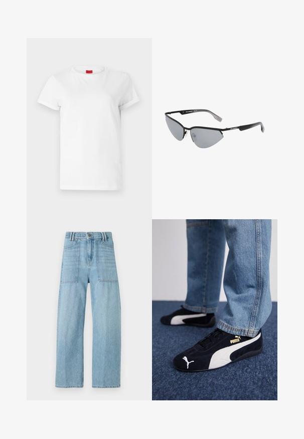 Weißes Kurzarm-T-Shirt aus leichtem Baumwollstoff. Hat einen runden Halsausschnitt und umgeschlagene Ärmel. Rotes Logo-Tag am Kragen.; Helles, blaues Denim mit hoher Taille, weitem Bein und zwei großen Vordertaschen. Der Stoff hat eine glatte Textur und eine dezente Ausbleichung.; Schwarze Wildledersneaker mit weißen Akzenten und einem goldenen Logo. Getragen mit hellblauen Jeans und auf einer strukturierten blauen Oberfläche platziert.; Schwarze Sonnenbrillen mit kantigem, Katzenaugen-Design. Silberne, verspiegelt Gläser. Schlanke, leichte Kunststoffrahmen mit dezentem Branding an den Schläfen.