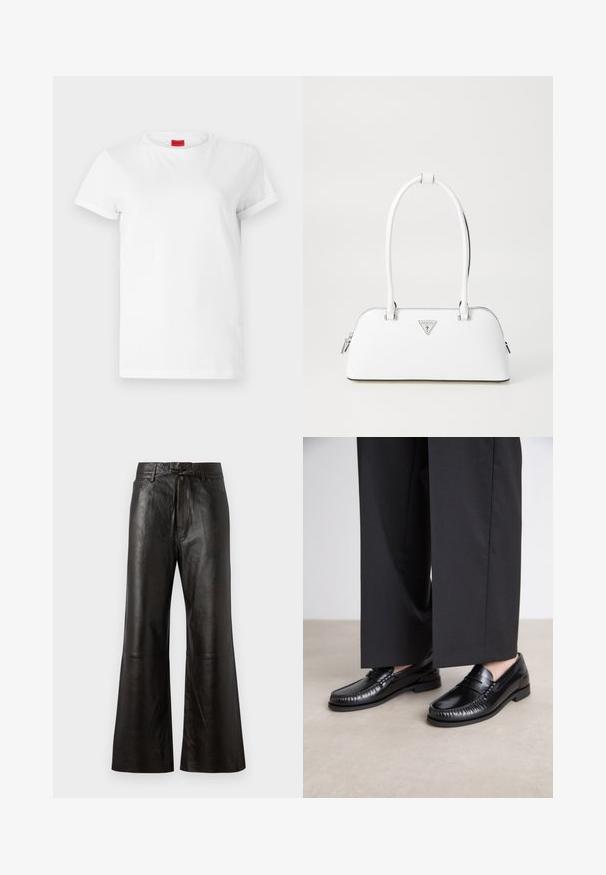 Bijela kratka majica s kratkim rukavima izrađena od lagane pamučne tkanine. Ima okrugli izrez i podvrnute rukave. Crveni logotip sa oznakom na ovratniku.; Crne kožne hlače širokog kroja, ravnog prednjeg dijela i s vezanjem u struku. Imaju detaljan šav i minimalistički stil.; Crne kožne mokasine s glatkom završnom obradom, prošivene detalje oko nožnog prsta i niskim gumeni potplat. Uparuđene s širokim crnim hlačama.; Bijela kožna torba s zakrivljenim oblikom, sadrži srebrni trokutasti logo i zatvaranje na patentni zatvarač. Glatka tekstura i dvostruke ručke.