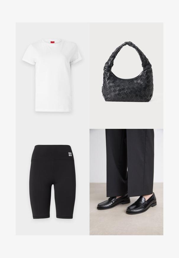 Hvit kortermet t-skjorte laget av lett bomull. Har rund hals og rullede ermer. Rød logo-lapp på kragen.; Sorte sykkelshorts laget av et lett og stretchy stoff. Har høy midje med en hvit "HUGO" logo på forsiden.; Sorte skinnloafere med en glatt overflate, sydd detaljer rundt tåen, og en lav gummisåle. Kombinert med vide svarte bukser.; Svart lærvevd skulderveske med rund håndtak og halvmåneformet kropp på en enkel bakgrunn.