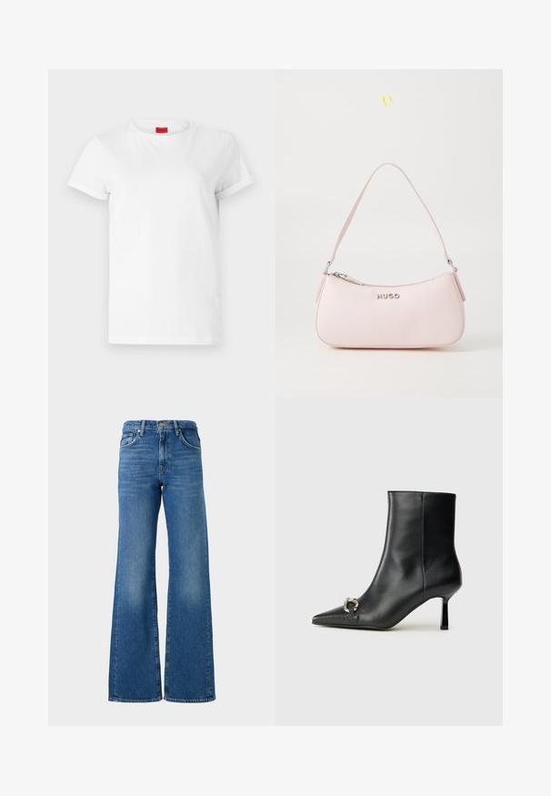 Hvid kortærmet t-shirt lavet af letvægts bomuld. Har en rund halsudskæring og rullede ærmer. Rød logoetiket på kraven.; Bredde ben blå jeans med en falmet finish, lavet af denim, med et klassisk fem-lomme design og messingknap lukning i taljen.; Sort læder ankelstøvle med spidse tæer, slank hæl i mellemhøjde og sølvspænde detaljer på siden mod en ensfarvet baggrund.; Rosa læderhåndtaske med et buet design, lynlåslukning og skulderrem. Har et sølvlogo foran.