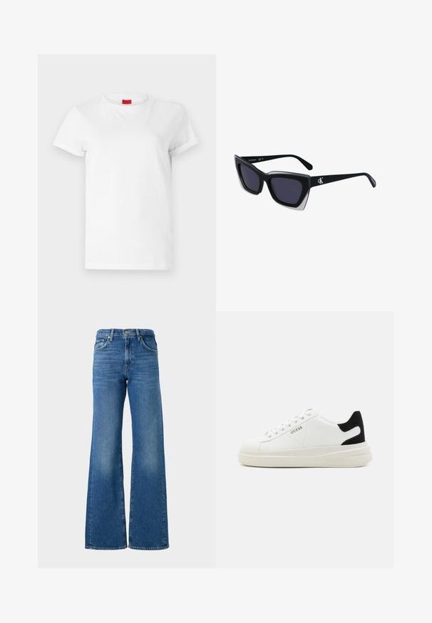 Biała koszulka z krótkim rękawem wykonana z lekkiej bawełny. Posiada okrągły dekolt i podwinięte rękawy. Czerwona metka z logo na kołnierzyku.; Szerokie niebieskie dżinsy z wyblakłym wykończeniem, wykonane z denimu, z klasycznym pięciokomorowym wzorem i mosiężnym zapięciem na guzik w pasie.; Białe skórzane sneakersy z grubą białą podeszwą, czarnym zamszowym akcentem na pięcie oraz wytłoczonym logotypem z boku. Projekt z sznurówkami i sześcioma dziurkami.; Czarne, oversize okulary przeciwsłoneczne o geometrycznym kształcie, z ciemnymi soczewkami i kontrastującym szarym detalem na oprawie. Logo na ramieniu.