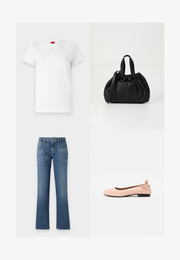 Valge lühikeste varrukatega T-särk, mis on valmistatud kergest puuvillast. Omab ümmargust kaelust ja rullitud varrukaid. Kaelusel on punane logo sildike.; Sinine denimpüksid laieneva jala disainiga, viie taskuga stiil, ees nööbid ja keskmise kõrgusega vöökoht, millel on kulunud viimistlus.; Kerged roosad balletikingad, mis on valmistatud sujuvast materjalist, ümarate varvaste, paindliku seljaosa ja väikese musta kontsaga.; Mustmust mustkott mustrihmaga ülaosa disainiga, millel on kaks lühikest käepidet ja pikk reguleeritav rihm. Sile tekstuur, ümar kuju.