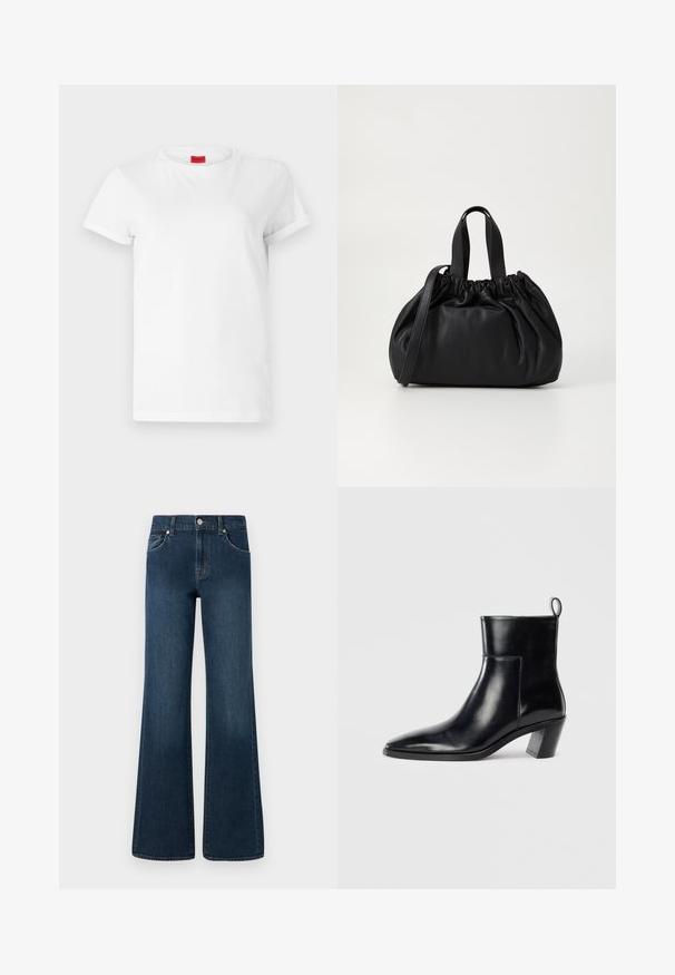 T-shirt branca de manga curta feita de algodão leve. Apresenta um decote redondo e mangas dobradas. Etiqueta de logotipo vermelha na gola.; Jeans de denim de perna larga em lavagem azul escura, com fecho de botão, cinco bolsos e um leve desbotamento na textura para um detalhe adicional.; Botim de cano baixo em couro preto com bico pontiagudo, um salto geométrico empilhado e uma alça na parte de trás. Textura suave e design elegante.; Bolsa de couro preta com um design de topo franzido, apresentando duas alças curtas e uma alça longa ajustável. Textura suave, formato arredondado.