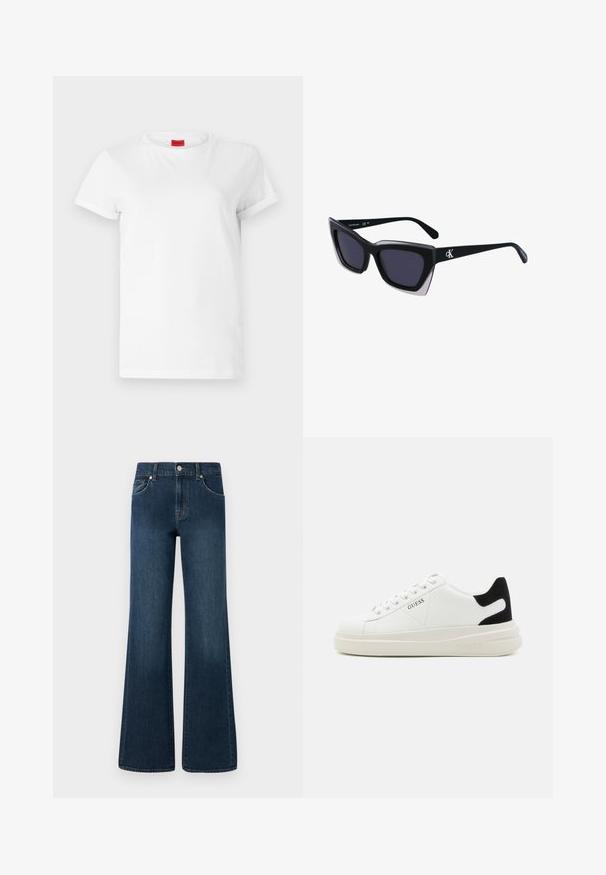 White short-sleeve t-shirt made of lightweight cotton. Features a round neckline and rolled sleeves. Red logo tag on the collar.; Wide-leg denim jeans in dark blue wash, featuring a button closure, five pockets, and a slight fade in texture for added detail.; White leather sneakers with a thick white sole, black suede heel accent, and embossed logo on the side. Laced design with six eyelets.; Black oversized sunglasses with a geometric shape, featuring dark lenses and a contrasting grey detail on the frame. Logo on the arm.