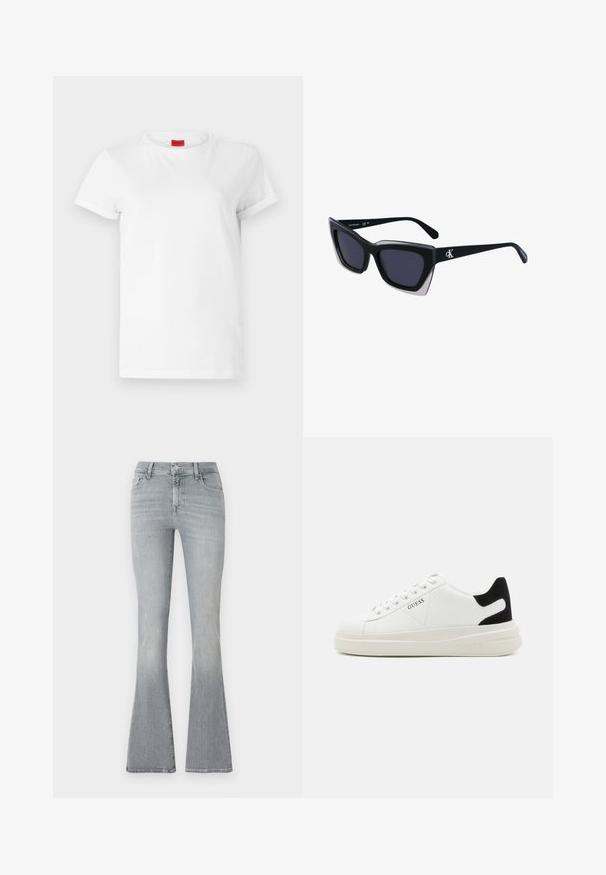 Bijela kratka majica s kratkim rukavima izrađena od lagane pamučne tkanine. Ima okrugli izrez i podvrnute rukave. Crveni logotip sa oznakom na ovratniku.; Razdvojene traperice u svijetlo sivoj denimu. Visokog struka, s blagim izbljeđivanjem od vrha do donjeg ruba. Klasičan dizajn s pet džepova i metalnim zatvaranjem.; Bijele kožne tenisice s debelim bijelim potplatom, crnim zamšastim akcentom na peti i ugraviranim logom sa strane. Dizajn s vezicama i šest rupa za vezivanje.; Crne oversize sunčane naočale geometrijskog oblika, s tamnim staklima i kontrastnom sivom dekoracijom na okviru. Logo na dršci.