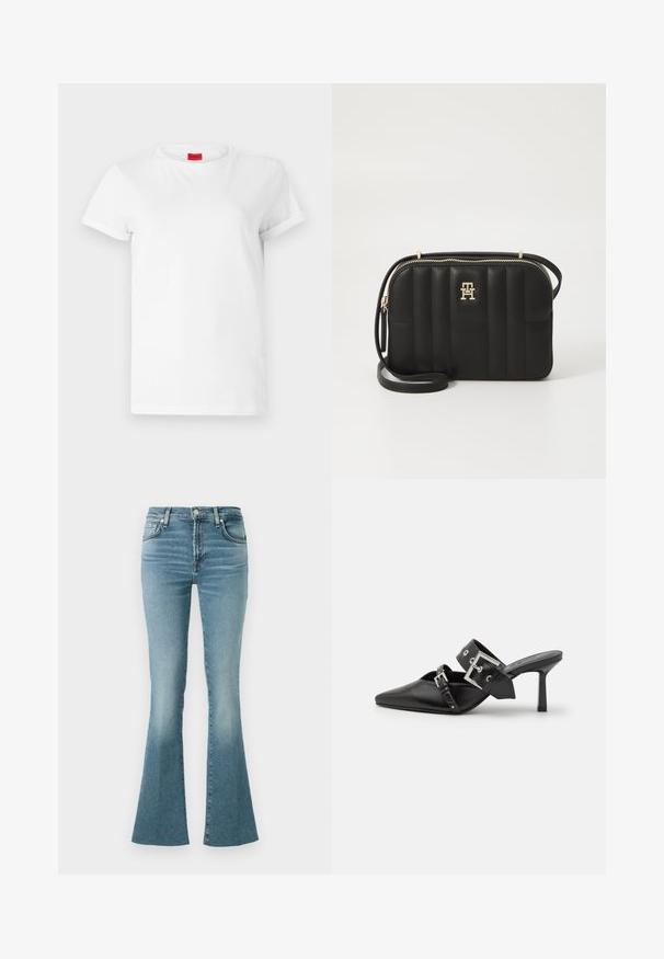 Fehér, rövid ujjú póló, könnyű pamutból készült. Kerek nyakkivágással és felgöngyölt ujjakra rendelkezik. Piros logós címke a galléron.; Világoskék farmer, trapézszárú nadrág, magas derekú kivitelben, elülső zsebekkel és klasszikus öt zsebes dizájnnal, sima textúrával és kopott hatású befejezéssel.; Fekete magassarkú mules, hegyes orral, sima bőrből készült. Széles bokapántja van, négyzet alakú ezüst csattal és szegecsekkel.; Fekete, steppelt keresztpántos táska szintetikus anyagból, arany színű fémkiegészítőkkel, cipzáras záródással és logóval az elején.