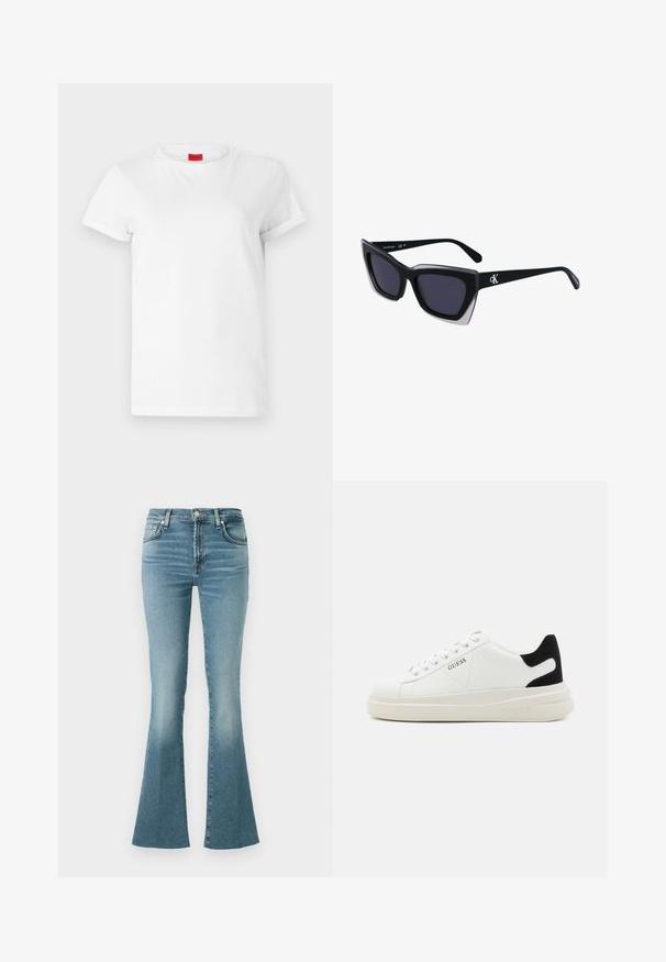 Fehér, rövid ujjú póló, könnyű pamutból készült. Kerek nyakkivágással és felgöngyölt ujjakra rendelkezik. Piros logós címke a galléron.; Világoskék farmer, trapézszárú nadrág, magas derekú kivitelben, elülső zsebekkel és klasszikus öt zsebes dizájnnal, sima textúrával és kopott hatású befejezéssel.; Fehér bőr sportcipők vastag fehér talppal, fekete velúr sarokpikkelyel és dombornyomott logóval az oldalon. Fűzős kialakítás, hat fűzőlyukkal.; Fekete, nagyméretű napszemüveg geometrikus formával, sötét lencsékkel és kontrasztos szürke részlettel a kereten. Logó a szárán.