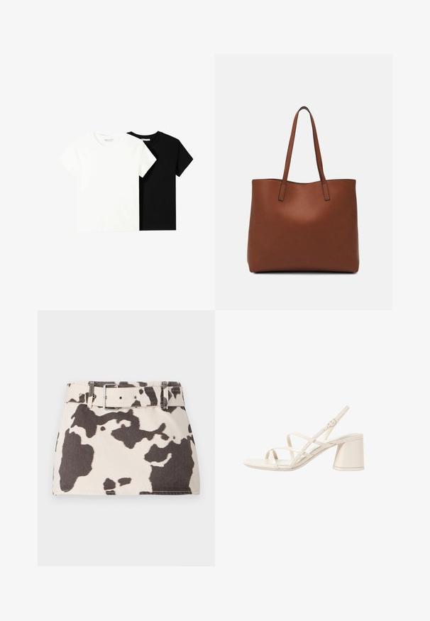 Dvě trička s krátkým rukávem, jedno bílé a jedno černé, vyrobené z bavlny. Obě mají kulatý výstřih a jednoduchý, klasický design.; Džínová mini sukně s cow-print vzorem a páskem v pase. Vyznačuje se kontrastními tmavě hnědými tvary na světlém pozadí. Texturovaná látka s pevným švem.; Béžové sandály na podpatku s tenkými překříženými pásky, otevřenou špičkou a čtvercovým blokovým podpatkem. Hladký lakovaný povrch, nastavitelný pásek kolem kotníku.; Hnědá kožená taška přes rameno s hladkou texturou, otevřeným designem a dvěma ramenními popruhy. Obsahuje minimální švy a žádné viditelné kovové prvky.
