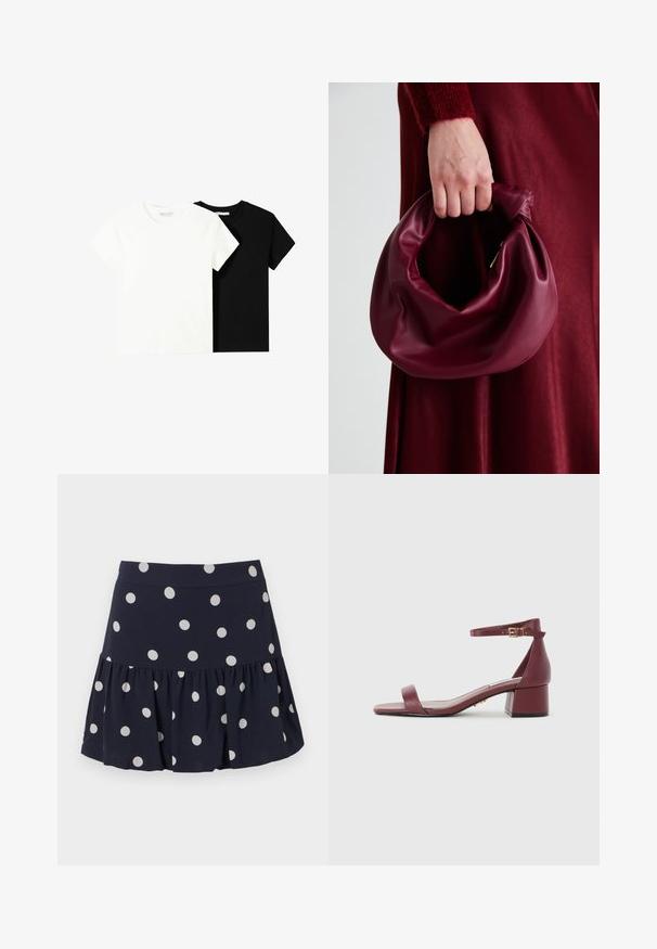 Két rövid ujjú póló, az egyik fehér, a másik fekete, pamutból készült. Mindkettő kerek nyakkivágással és egyszerű, klasszikus dizájnnal rendelkezik.; Sötétkék korcsolyázó szoknya könnyű anyagból készült, fodros aljjal. Nagy fehér pöttyökkel rendelkezik és rugalmas derékpántja van.; Burgundi bőr szandál négyzet alakú orral, vékony bokapánttal, arany színű kiegészítőkkel és vastag blokk sarokkal. Sima textúra és minimalista dizájn.; Burgundi bőrtáska puhán ráncolt dizájnnal és kerek alakban. A fogantyú rögzítve van, sima textúrával rendelkezik.