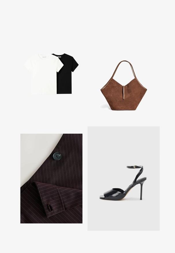 Zwei kurzärmelige T-Shirts, eines weiß und eines schwarz, aus Baumwolle. Beide haben einen runden Halsausschnitt und ein einfaches, klassisches Design.; Bordeaux gestreifter Stoff mit einem schwarzen Knopf und tailliertem Bündchen. Enthält feine Nadelstreifen und ein genähtes Knopflochdetail.; Schwarze Lackleder-Peeptoe-Sandaletten mit hohen Absätzen, dünnem Stiletto-Absatz und Knöchelriemen mit goldener Schnalle auf weißem Hintergrund.; Braune Wildleder-Tasche mit Lederbesatz und einem dünnen Riemenverschluss, die eine weiche, breite und leicht kantige Form aufweist.