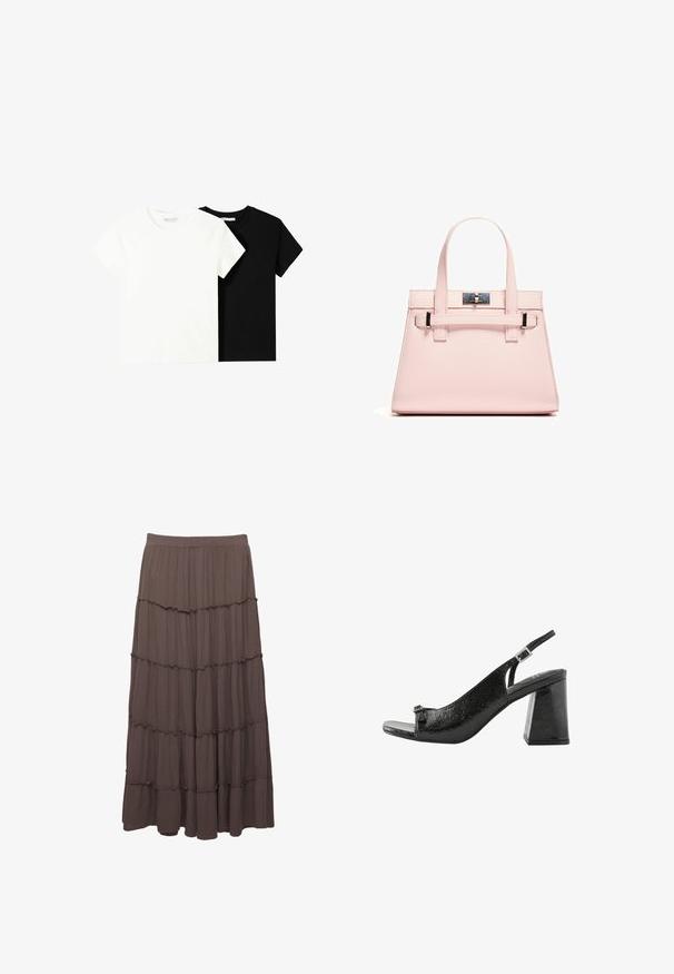 Twee t-shirts met korte mouwen, één wit en één zwart, gemaakt van katoen. Beide hebben een ronde halslijn en een eenvoudig, klassiek ontwerp.; Lichte, bruin, gelaagde maxirok gemaakt van lichte stof. Bevat drie horizontale ruffles en een elastische tailleband voor comfort.; Next Sandalen - black; Roze gestructureerde handtas van textuurleer, met twee bovenhandvaten, een klapsluiting en contrasterende metalen accenten.
