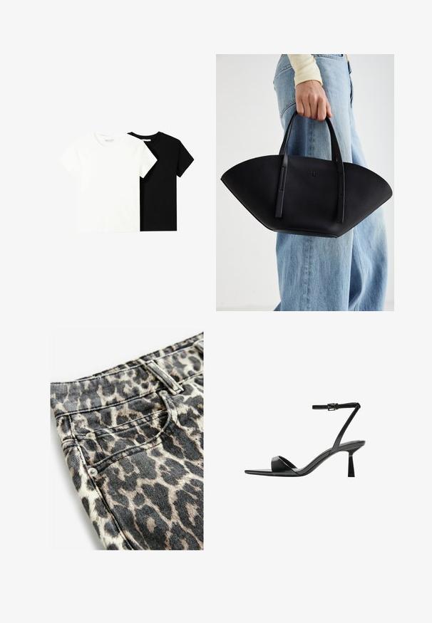 To korte ærmel t-shirts, en hvid og en sort, lavet af bomuld. Begge har en rund halsudskæring og et enkelt, klassisk design.; Dyreprint jeans med et beige og sort mønster, lavet af denim med en tekstureret finish, detaljeret med sølvhardware og syning.; Bershka Højhælede sandaletter / Højhælede sandaler - black; Sort læderhåndtaske med en unik vifteform, der har flade håndtag. Overfladen har en pebblelignende tekstur og et minimalistisk design.