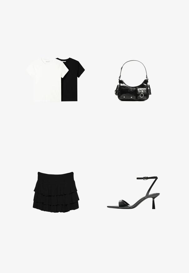 Deux t-shirts à manches courtes, l'un blanc et l'autre noir, en coton. Les deux présentent un col rond et un design simple et classique.; Jupe noire à volants en tissu léger, dotée de trois volants horizontaux et d'une taille élastique pour un ajustement confortable.; Bershka Sandales à talons hauts - black; Sac à main en cuir verni noir avec une forme incurvée, une bandoulière, des poches avant et des accents en métal argenté.
