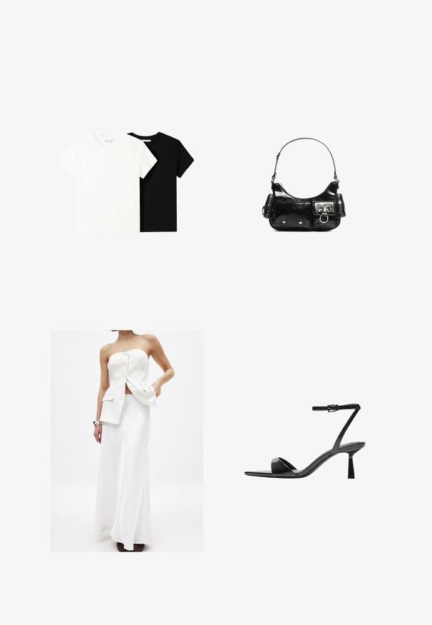 Twee t-shirts met korte mouwen, één wit en één zwart, gemaakt van katoen. Beide hebben een ronde halslijn en een eenvoudig, klassiek ontwerp.; Witte tweedelige outfit met een strapless top met knopen en zakken, gecombineerd met een lange, vloeiende rok. Gladde stof en strakke lijnen.; Bershka Sandalen met hoge hak - black; Zwarte laarzen in lakleer met een gebogen vorm, één schouderband, voorvakken en accenten in zilverkleurig metaal.