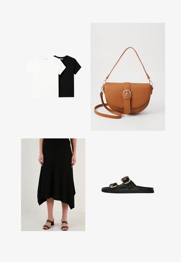 Două tricouri cu mânecă scurtă, unul alb și unul negru, fabricate din bumbac. Ambele au un guler rotund și un design simplu, clasic.; Fustă midi neagră, cu un material texturat, tiv asimetric și un design fluid. Asortată cu sandale negre cu toc.; Sandalie negre cu toc plat, cu două accente de cataramă aurie, din material texturat neted și design minimalist.; Geantă din piele maro, tip crossbody, cu o formă curbată, accesorii aurii și un accent cu cataramă. Dispune de un curea de umăr detașabilă.