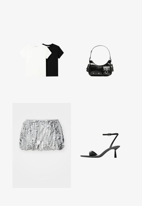 Két rövid ujjú póló, az egyik fehér, a másik fekete, pamutból készült. Mindkettő kerek nyakkivágással és egyszerű, klasszikus dizájnnal rendelkezik.; Ezüst flitteres szoknya, redőzött dizájnnal, eltérő méretű flitterekkel, amelyek texturált, fényvisszaverő felületet képeznek. Gumis derekú.; Bershka Magas sarkú szandálok - black; Fekete lakkbőr kézitáska ívelt formával, egy vállpánttal, elülső zsebekkel és ezüstszínű fémrészletekkel.